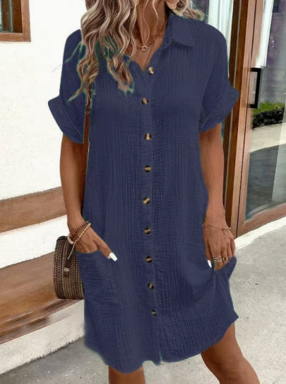 Summer Short Sleeve Shirt Dress Fashion Solid Color Single-breasted Mid-length Loose Dress
